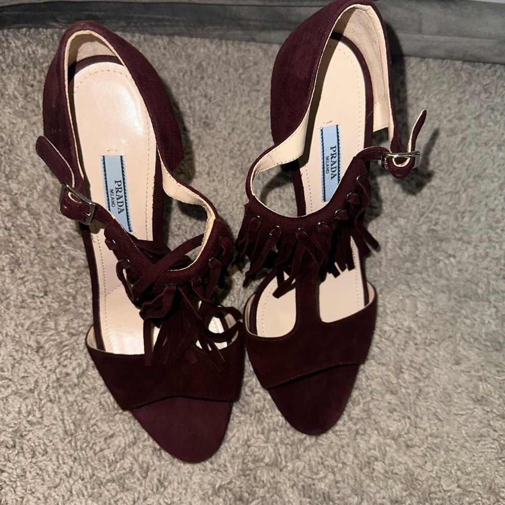 Prada Suede Fringe Trim Accent T Sandals Size IT 39.5